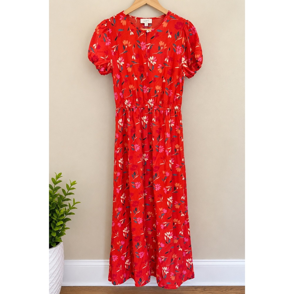 Loft Red Floral Maxi Dress Short Puff Sleeve Elastic Waist Womens M Boho Fairy